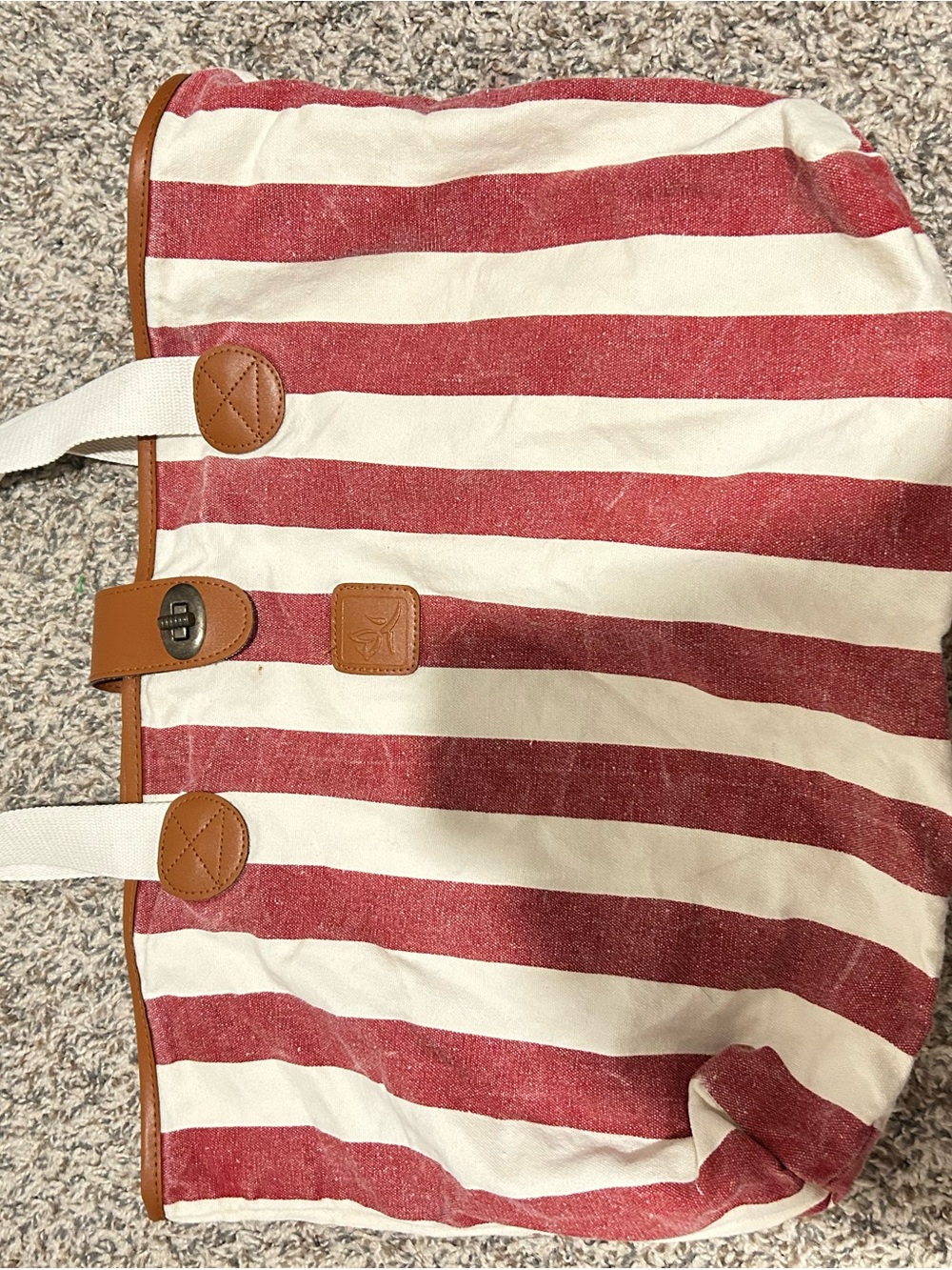 Canvas Mary Kay Red and White Striped Tote with Brown Trim